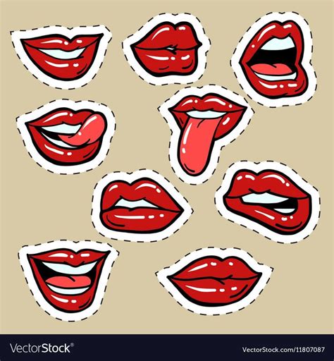 Set Of Red Female Lips And Tongue Pop Art Comic Vector Illustration