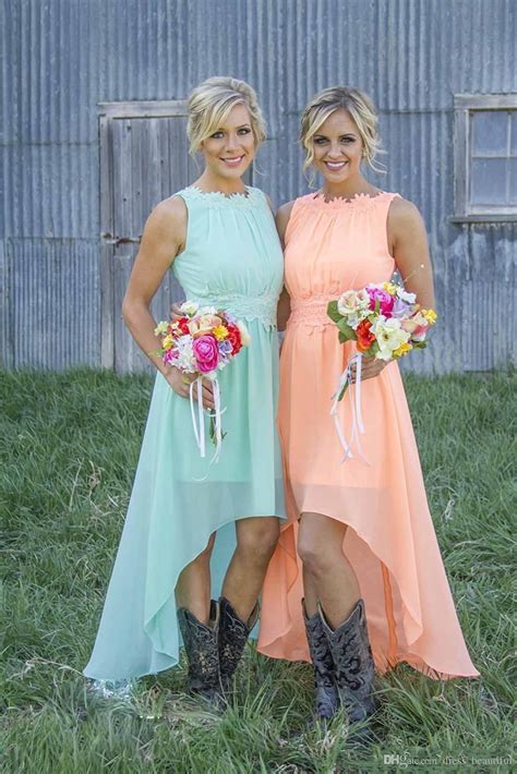 2016 New Peach Chiffon Bridesmaid Dresses Lace Crew Neck