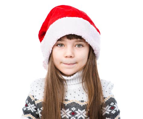 Portrait Christmas Girl In Red Santa Hat Isolated On White Stock Image