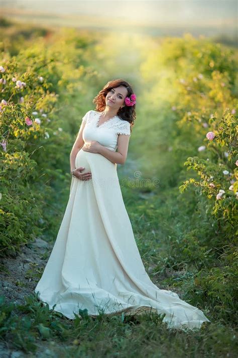 Outdoor Natural Portrait Of Beautiful Pregnant Woman In White Dress Stock Image Image Of