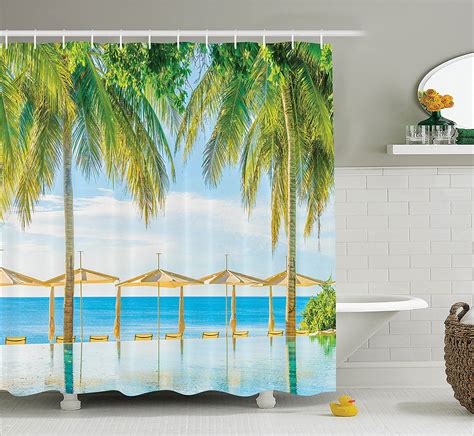 House Decor Shower Curtain Set By Tropical Beach With The Pool Nature
