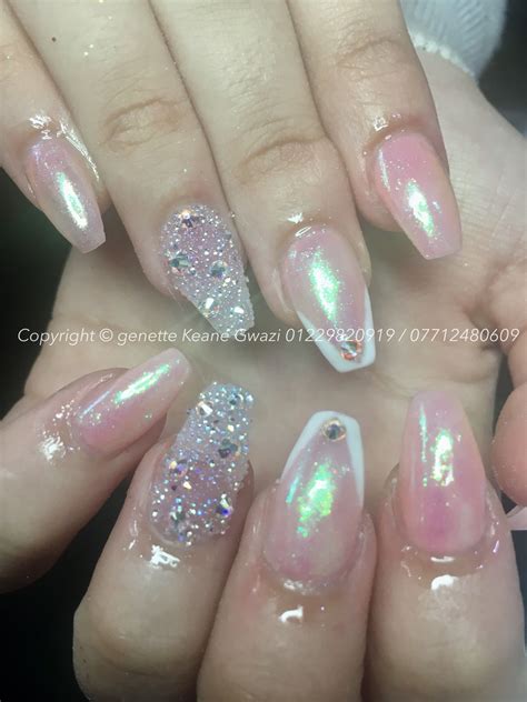 Mermaid Effect Acrylic Nails With White Chrome Powder And Swarovski Crystal Nail Art Hair And