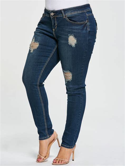 Wipalo Plus Size Ripped Jeans Skinny 5 Pocket Frayed Holes Zipper Fly