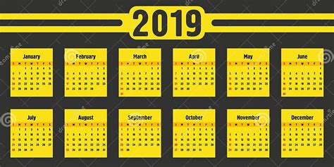 Calendar 2019 Year Black And Yellow Vector Template Week Starts On