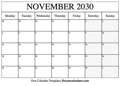 November 2030 Calendar Free Blank Printable With Holidays