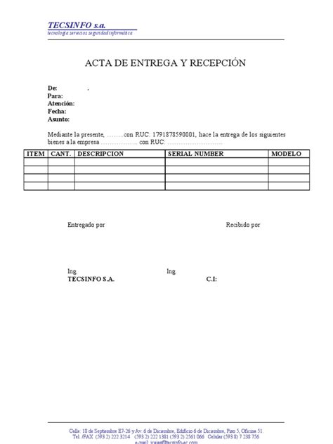 Acta De Entrega Template