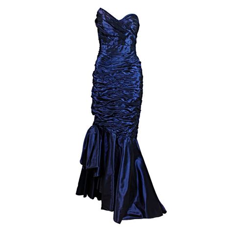 1980s Emanuel Ungaro Midnight Blue Moire Silk Ruched Gown France