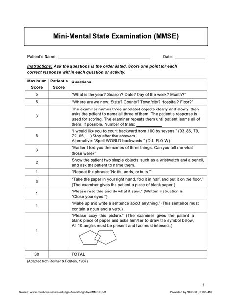 Mini Mental Status Exam Printable