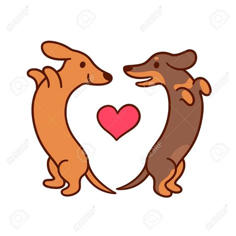 Cute cartoon dachshunds in love, adorable wiener dogs looking at each