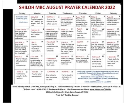 August 2022 Prayer Calendar Shiloh Shiloh