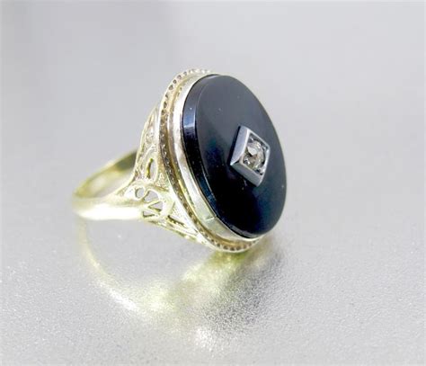 14k Black Onyx Diamond Ring Victorian Oval Onyx Diamond Etsy