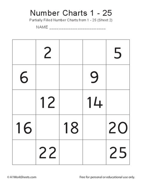Kindergarten Missing Numbers Chart 1 25 Printable Worksheet 2 Missing