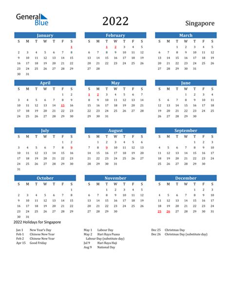 2022 Singapore Calendar With Holidays