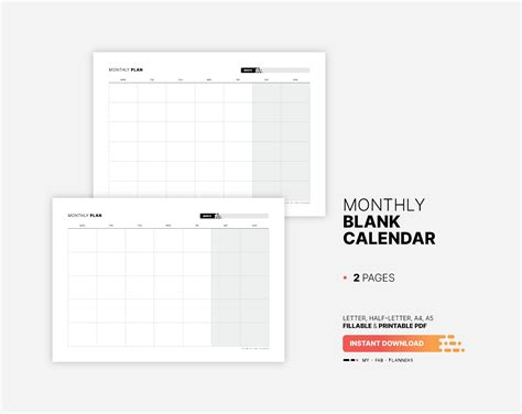 Monthly Blank Calendar Printable Landscape Insert Fillable Etsy