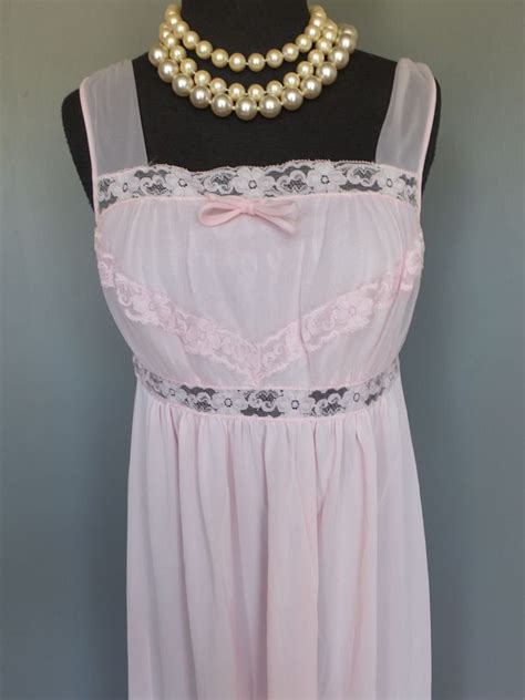 Vintage 60s Nightgown Sears Roebuck Pink Nylon Wchiffon Etsy Hong Kong