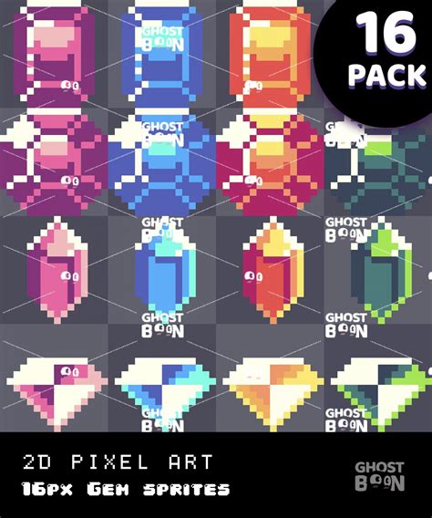 2d Pixel Art Gem Sprites 16 Pack