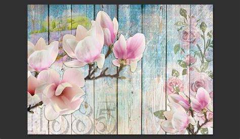 Pink Flowers On Wood 245cm X 350cm Wallpaper Wall Murals Floral