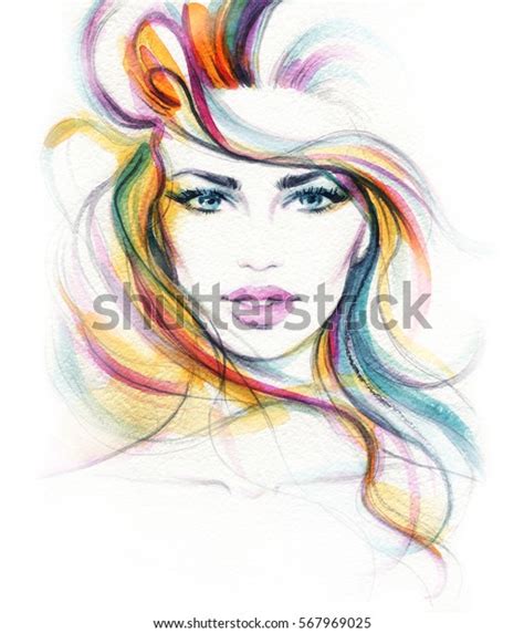 Abstract Woman Face Fashion Illustration Watercolor 스톡 일러스트 567969025