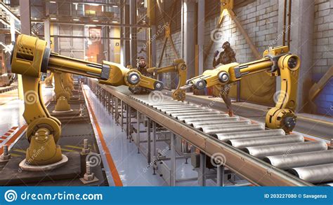 Automated Robotic Assembly Line Robotics Works In A Production Line Of Robot Parts In A Factory