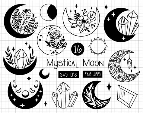 Celestial Moon Svg Clipart Boho Crystal Moon Svg Wildflower Etsy