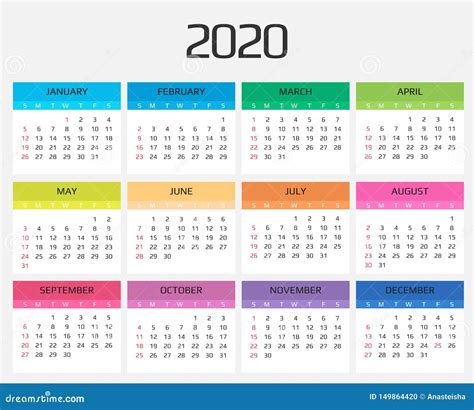 Calendar 2020 Template 12 Months Include Holiday Event Week Starts