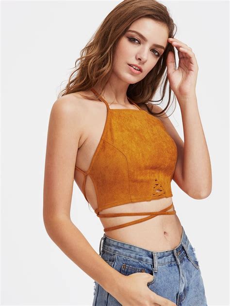 Shein Racer Neck Crisscross Wrap Suede Cami Top Cami Tops Fashion Knitted Crop Tank Top