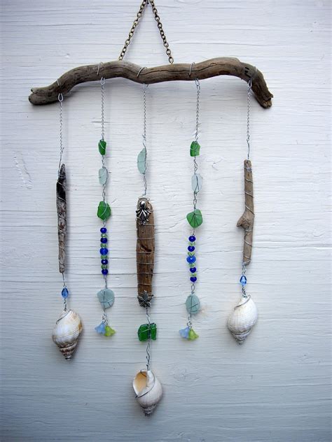 Driftwood Mobile Beach Charm Sea Glass Shells Beads Diy Wind Chimes Sea Glass Crafts Wind Chimes
