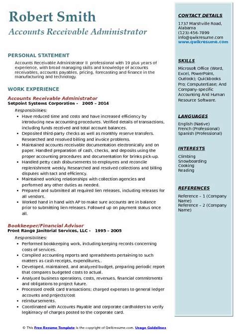 Skills for accounts receivable collections rep resume. Accounts Receivable Administrator Resume Samples | QwikResume
