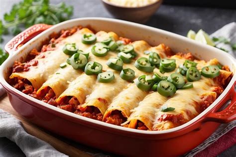 Premium Photo | Baking dish filled with cheese enchiladas in red sauce ar c