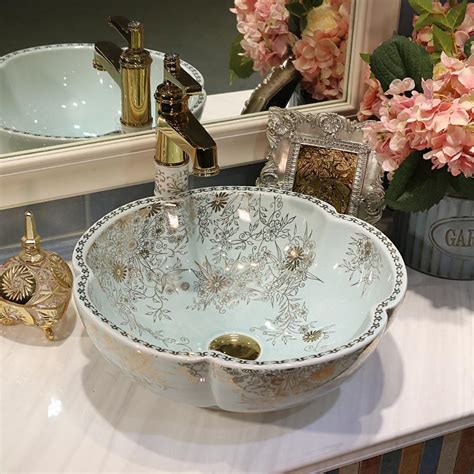 Flower Chinese Countertop Basin Sink Handmade Ceramic Bathroom Vessel