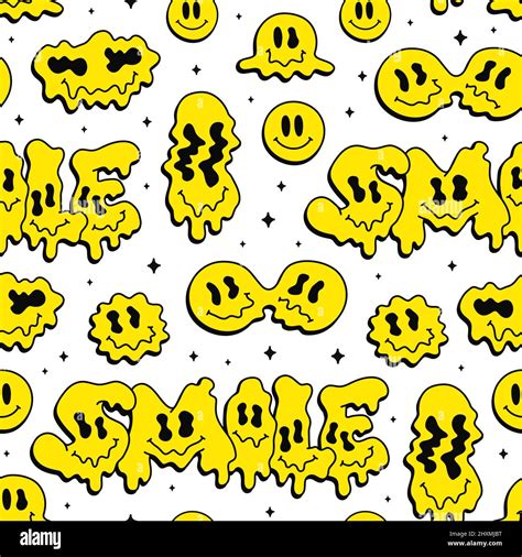 Funny Melt Warp Smile Facespsychedelic Emoji Seamless Patternvector