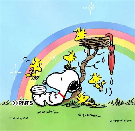 Snoopy And Friends With A Rainbow Good Morning Snoopy Snoopy Images