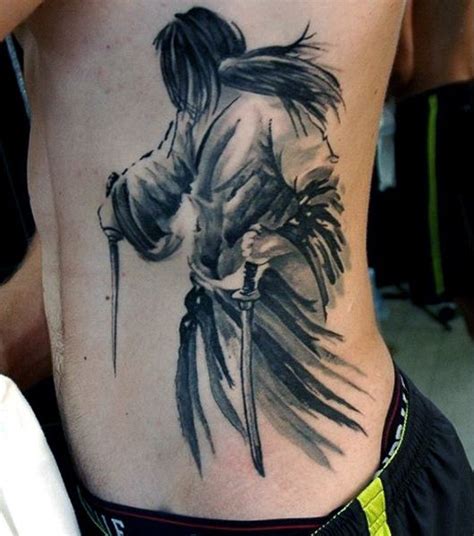 Awesome Black Ink Samurai Tattoo On Man Left Side Rib Tatuagem Samurai Tatuagem Costela