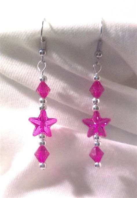 Star Dangle Earrings Pink Purple Orange Silver Beads Etsy