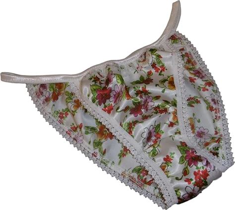 Shiny Satin String Bikini Mini Tanga Panties Floral Print With Ivory Lace 6 Sizes Made In France