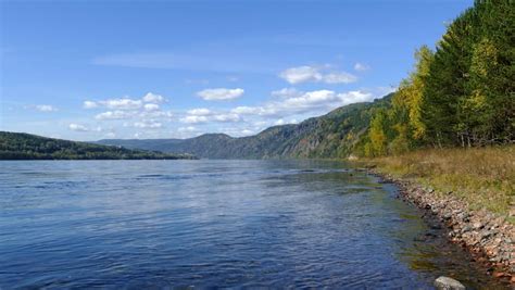 Siberian Nature Big River Yenissei With Wild Rocky Riverside In