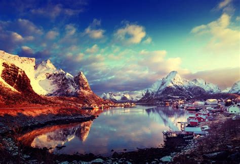 Clouds Sky Sun Norway Bay Winter Mountains Snow Lofoten Islands