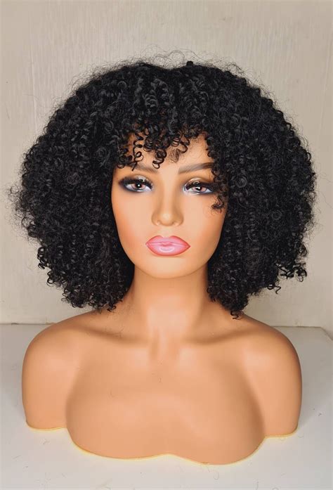 Synthetic Afro Kinky Curly Wig With Bangfringe In Black Made Etsy