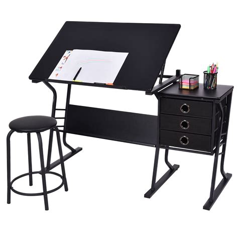 Costway Drafting Table Adjustable Drawing Desk Art Craft Hobby W Stool