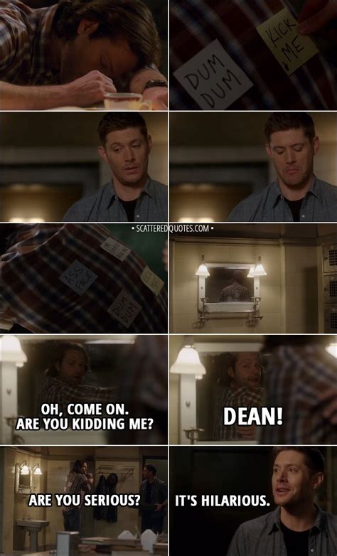 Quote From Supernatural 13x17 │ Dean Puts Funny Post It Notes On Sam S Back While He Sleeps