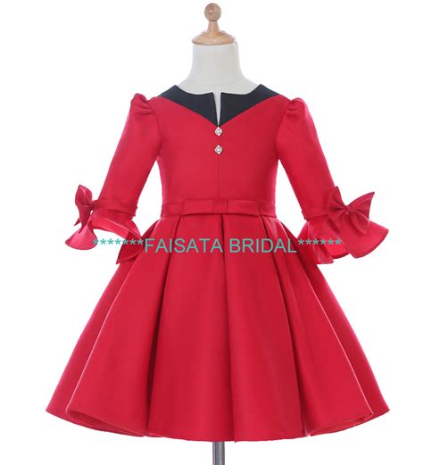 Faisata Long Sleeve Red Flower Girl Dress Satin Bow Flower Gown Flower