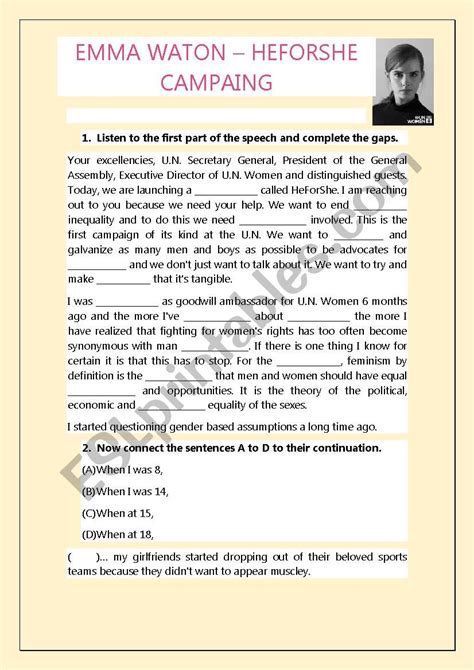 English Worksheets Feminism Heforshe Emma Watson Speech