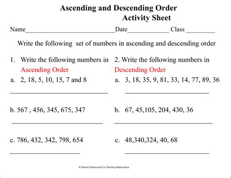 Math Ascending Order Worksheets