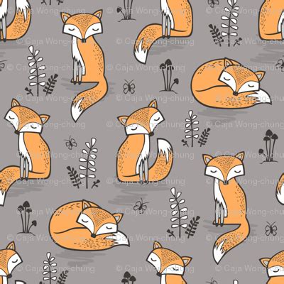 Dreamy Fox In Opal Gray Fabric Caja Design Spoonflower
