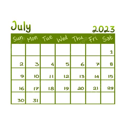 Handwriting Calendar 2023 July Green Theme 2023 Calendar July Png
