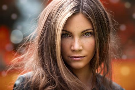 People 2048x1367 Women Model Face Freckles Brunette Green Eyes Closeup Portrait Depth Of Field