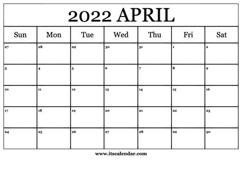 April 2022 Calendar Free Printable Calendar Templates Printable