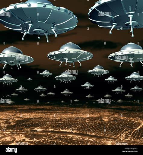 Alien Invasion Concept As A Menacing Group Of Invading Flying Saucers