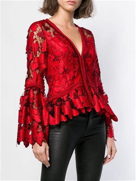 Red Lace Blouse In 2021 Lace Top Long Sleeve Red Lace Blouse Lace Blouse