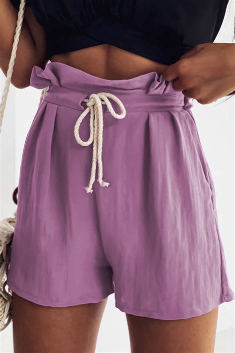 Wholesale Shorts Cheap Purple Frilled Drawstring Waist High Rise